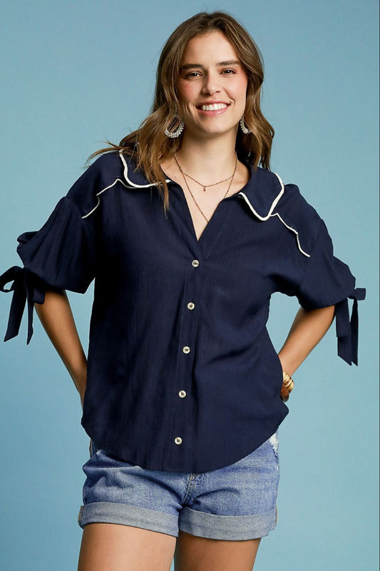 Umgee Full Size Embroidered Button-Down Shirt Dark Navy