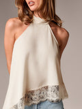 Asymmetrical Lace-Trim Halter Neck Cami Top Beige
