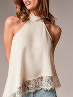 Asymmetrical Lace-Trim Halter Neck Cami Top Beige