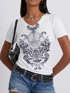 Graphic V-Neck T-Shirt - Stylish & Comfortable White