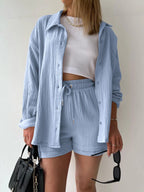 Chic Textured Button-Up Shirt & Shorts Two-Piece Set