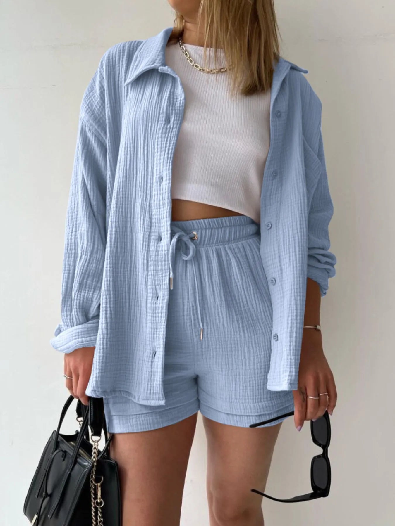 Chic Textured Button-Up Shirt & Shorts Two-Piece Set