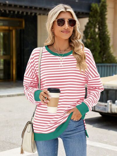 Chic Striped Slit Detail Long Sleeve Sweatshirt Dusty Pink