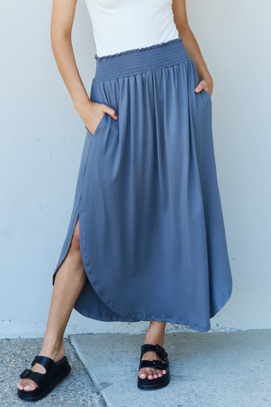 Doublju Comfort Princess High Waist Scoop Hem Maxi Skirt in Charcoal Dusty Blue