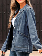 Stylish Scallop Trim Collar Denim Jacket with Patched Pockets
