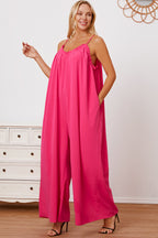 Double Take Full Size Ruffle Trim Tie Back Cami Jumpsuit with Pockets