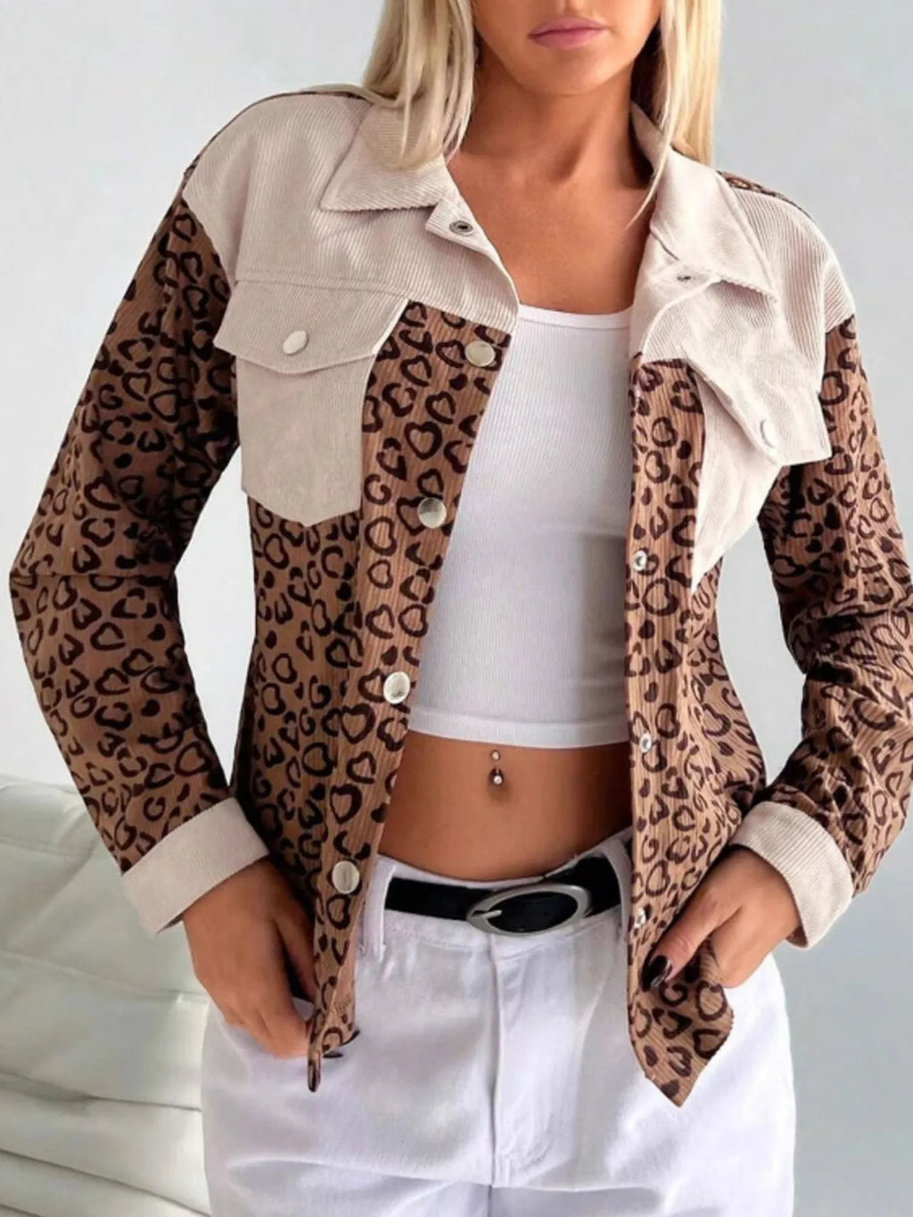 Leopard Print Long Sleeve Utility Jacket with Chest Pockets