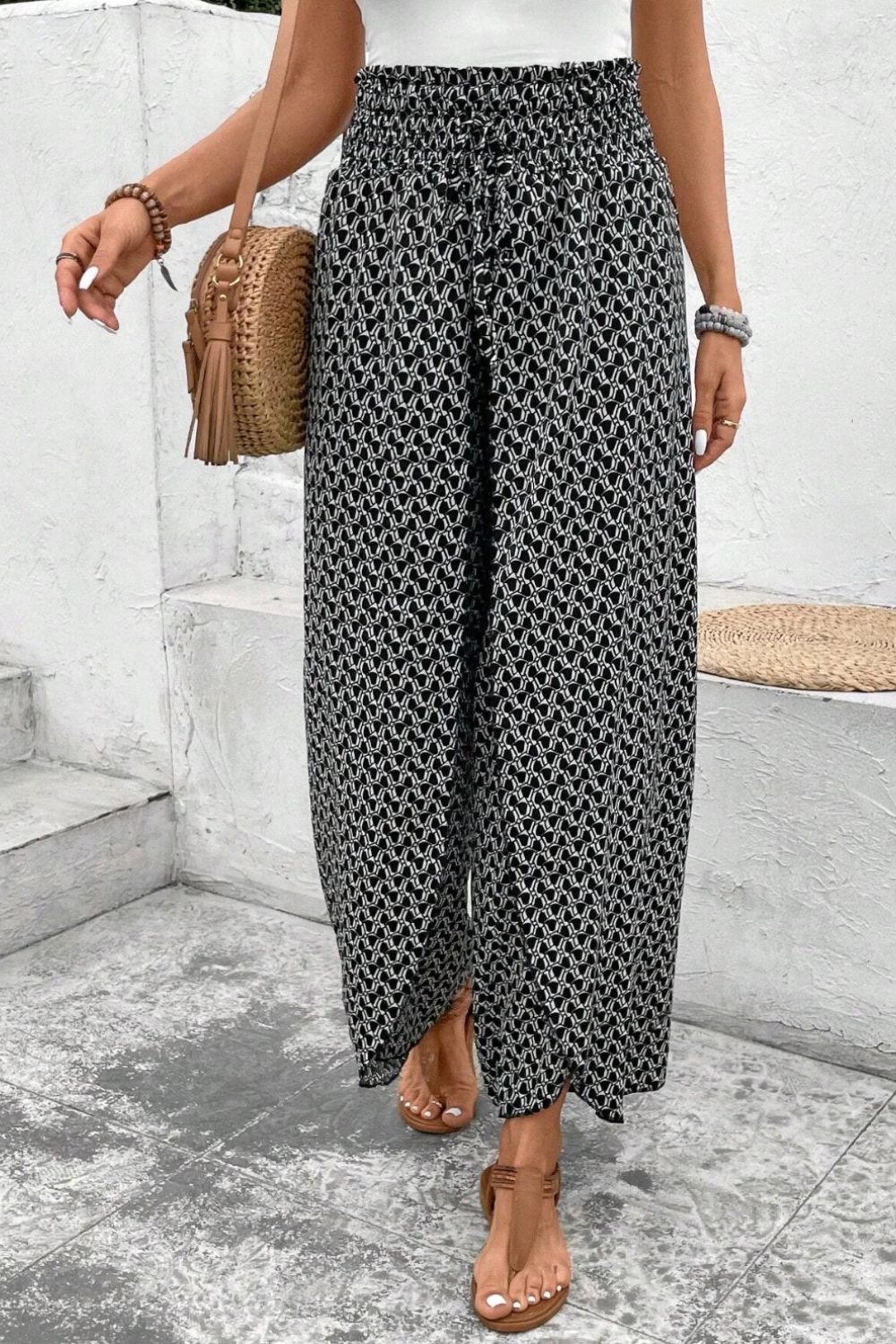 Slit Printed Wide-Leg Pants - Trendy & Flowy Statement Piece
