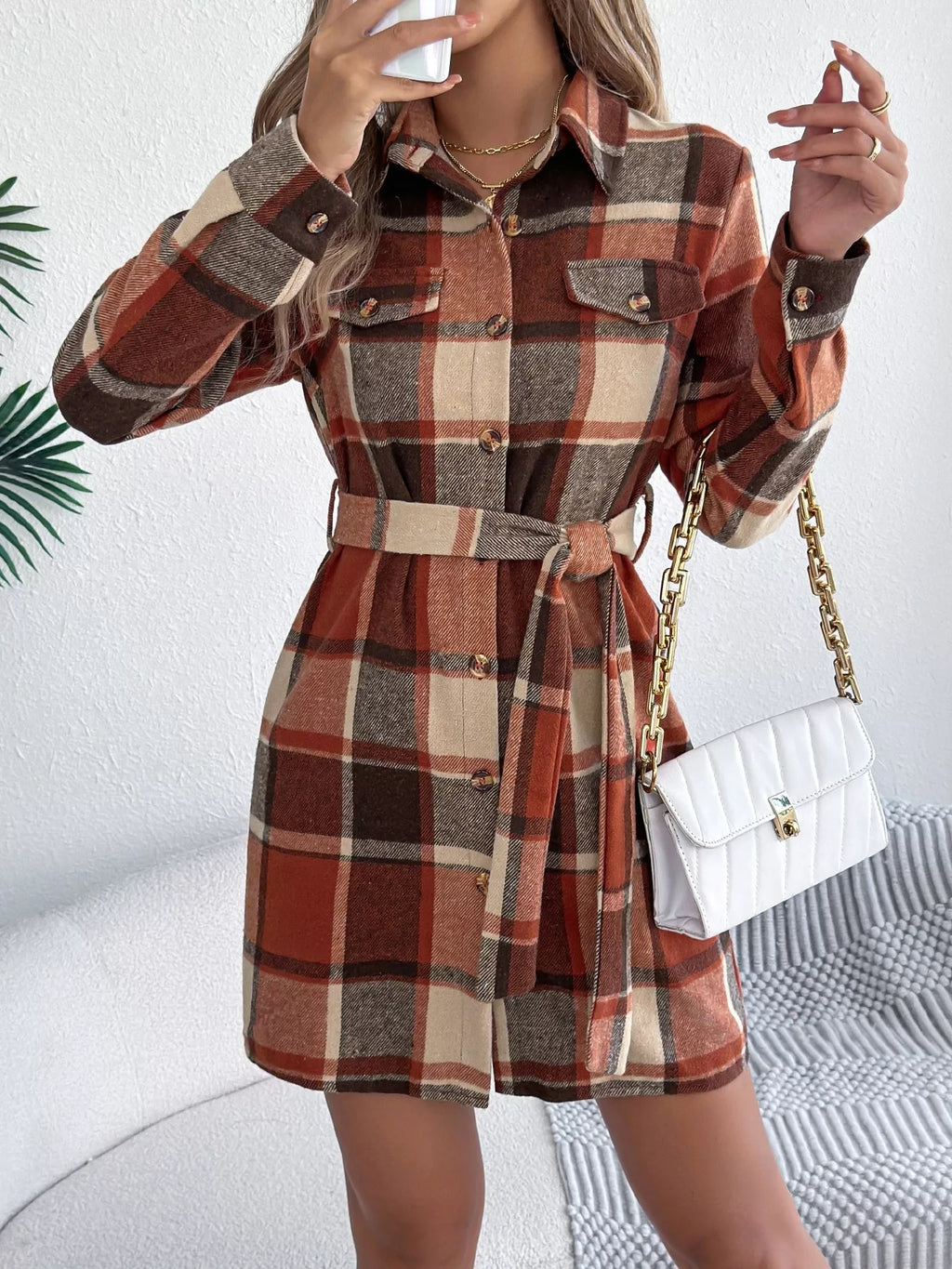 Plaid Button-Front Tie Waist Shirt Dress
