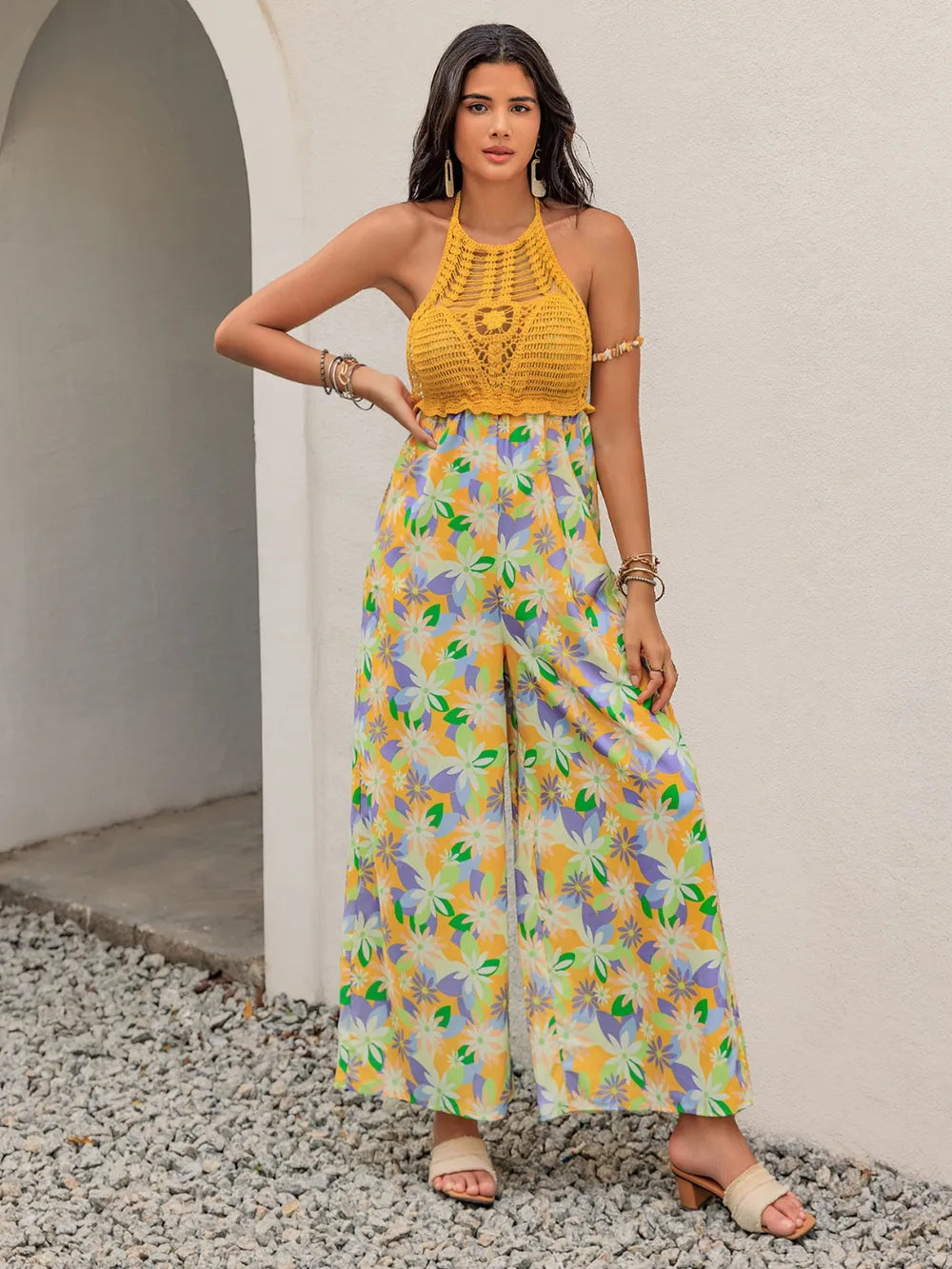 Openwork Halter-Neck Floral Wide-Leg Jumpsuit