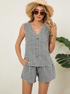 Plaid V-Neck Sleeveless Top & Shorts Set - Stylish Two-Piece Outfit