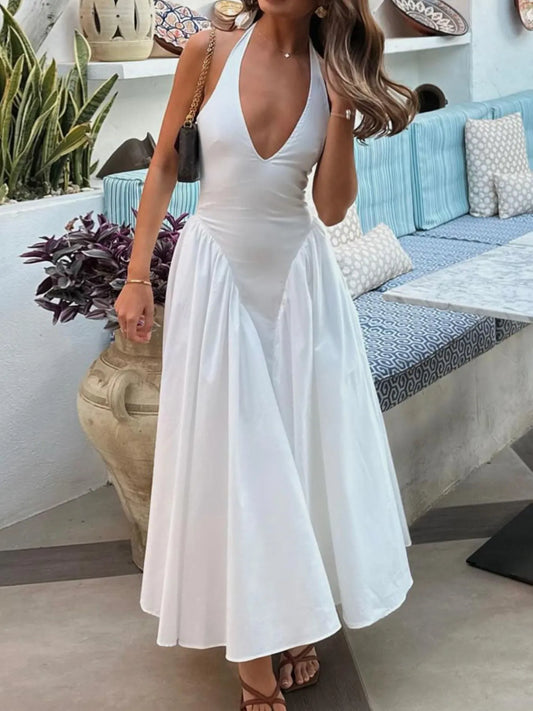 Elegant Ruched Halter Neck Maxi Dress White