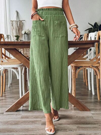 Elastic Waist Wide-Leg Pants with Pockets - Comfy & Chic