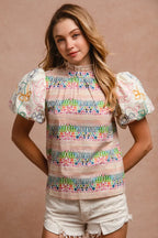 BiBi Ruffle Neckline Blouse With Embroidery Bubble Sleeve