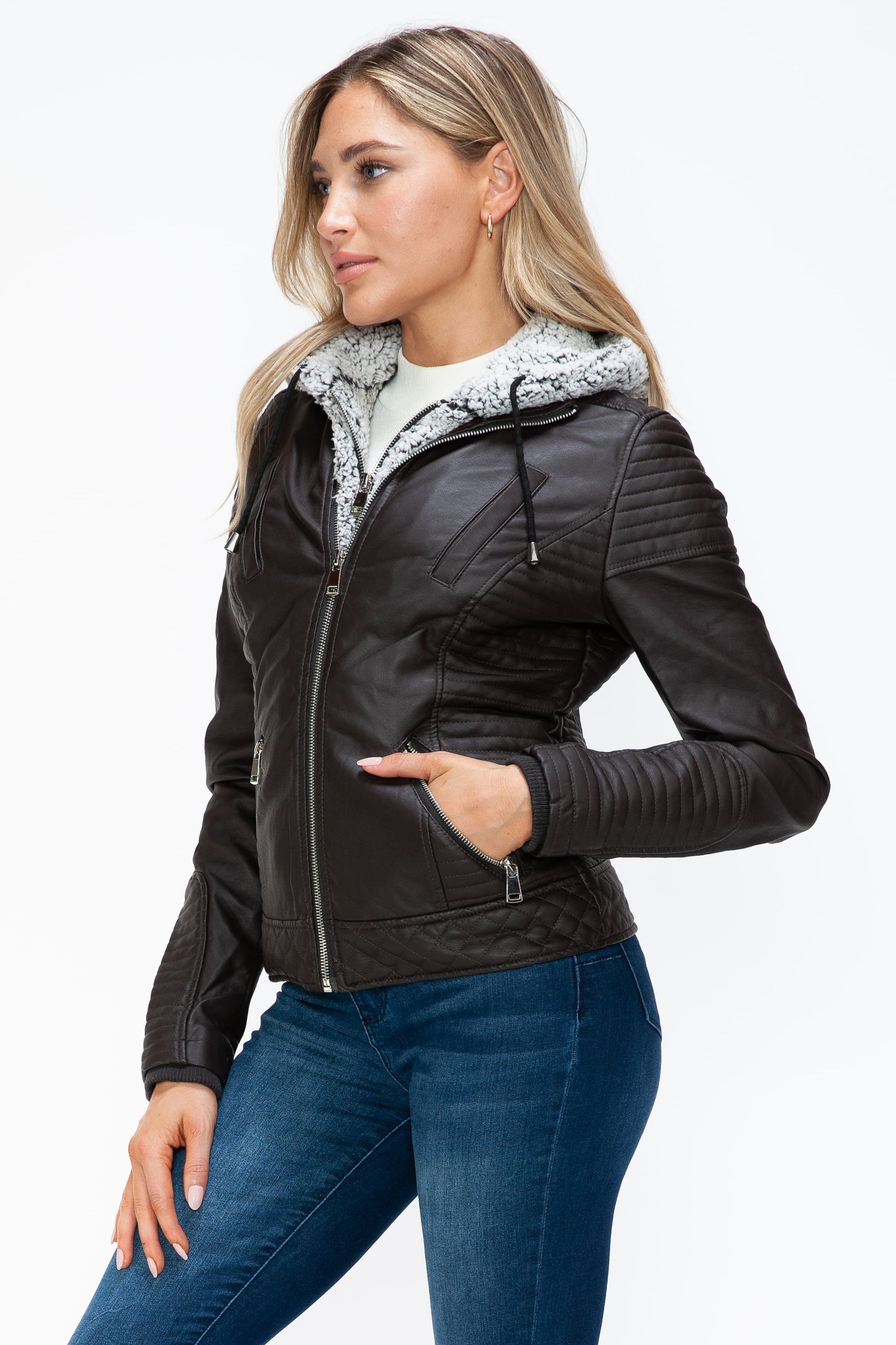 YMI Faux Layered Double-Zipper Jacket with Cozy Fuzzy Hood