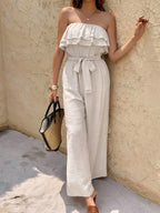Off-Shoulder Ruffled Layered Belted Wide Leg Jumpsuit