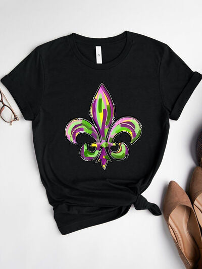 Mardi Gras Graphic Round Neck Short Sleeve T-Shirt Black