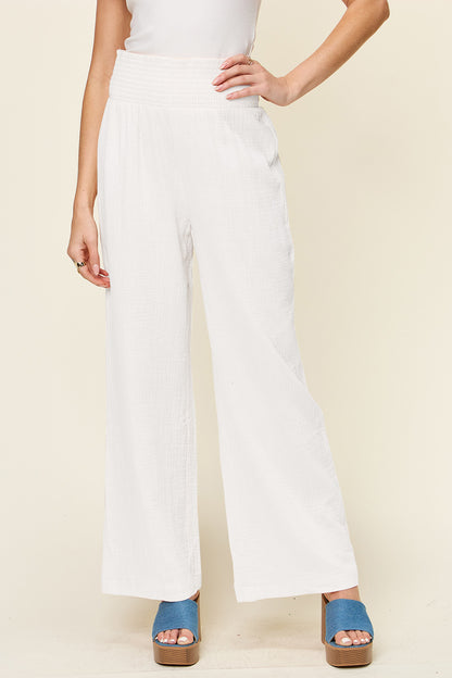 Double Take Full Size Textured Smocked Waist Wide Leg Pants White