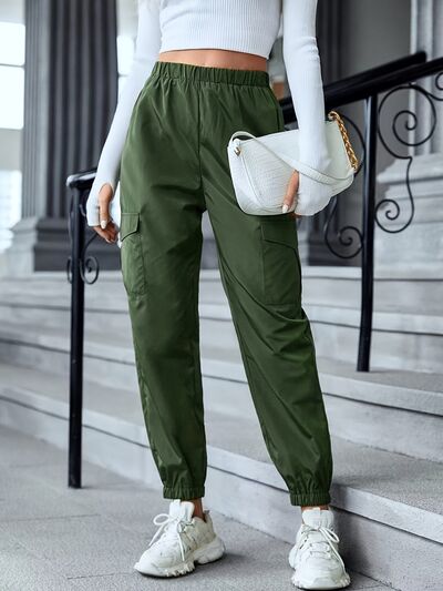 Full-Length Elastic Waist Pants with Pockets Army Green