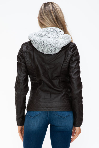 YMI Faux Layered Double-Zipper Jacket with Cozy Fuzzy Hood