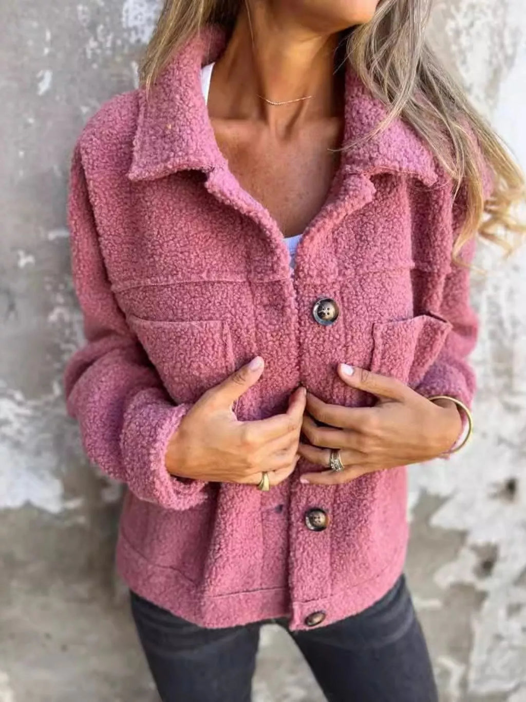 Cozy Single-Breasted Sherpa Shacket for Women – Plus Size Pink Purple