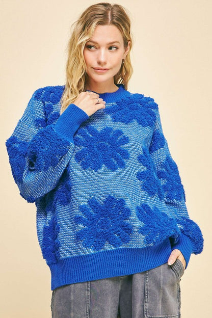 Davi & Dani Floral Textured Round Neck Dropped Shoulder Sweater Blue