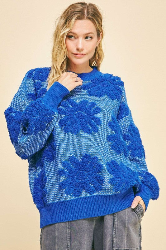 Davi & Dani Floral Textured Round Neck Dropped Shoulder Sweater Blue