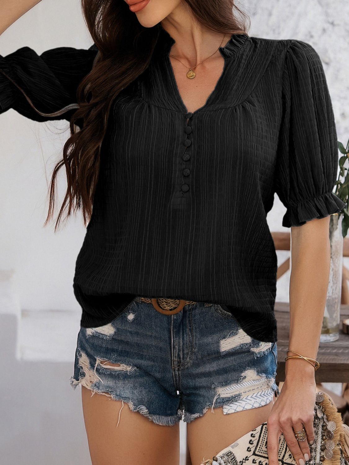 Devine Frill Notched Short Sleeve Blouse - Elegant & Chic Black