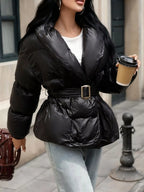 Long Sleeve Belted Puffer Jacket with Pockets