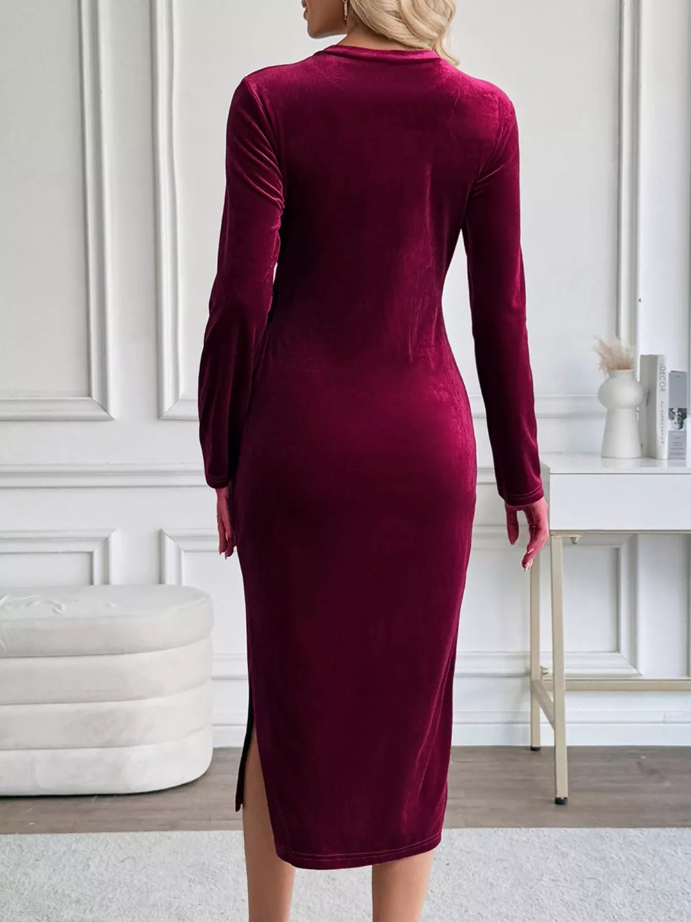 Velvet Side-Tie Slit Long Sleeve Dress