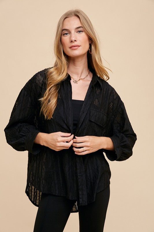 Annie Wear Openwork Button-Down Relaxed Fit Shirt
