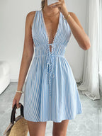 Striped Pom-Pom Trim Tie-Front Sleeveless Mini Dress